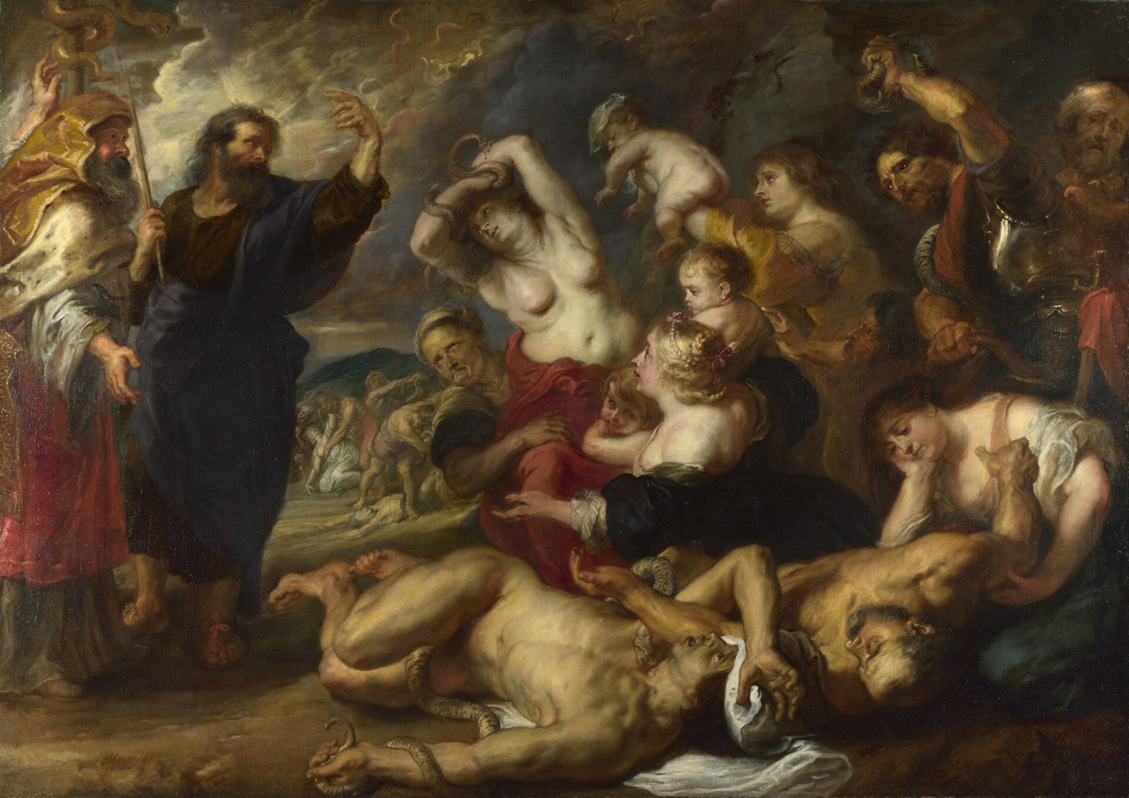 Pintura barroca de Rubens: Moisés ergue a serpente de bronze numa haste diante do povo ferido por serpentes no deserto
