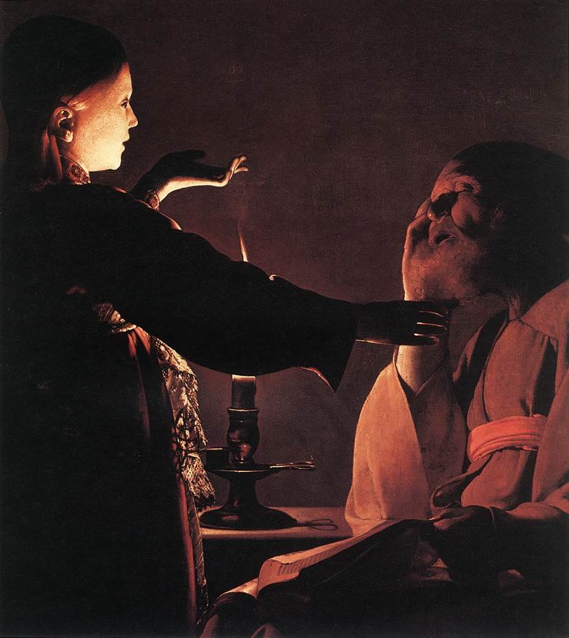 Um anjo, representado como uma criança iluminada, desperta José durante o sono, em pintura de Georges de La Tour