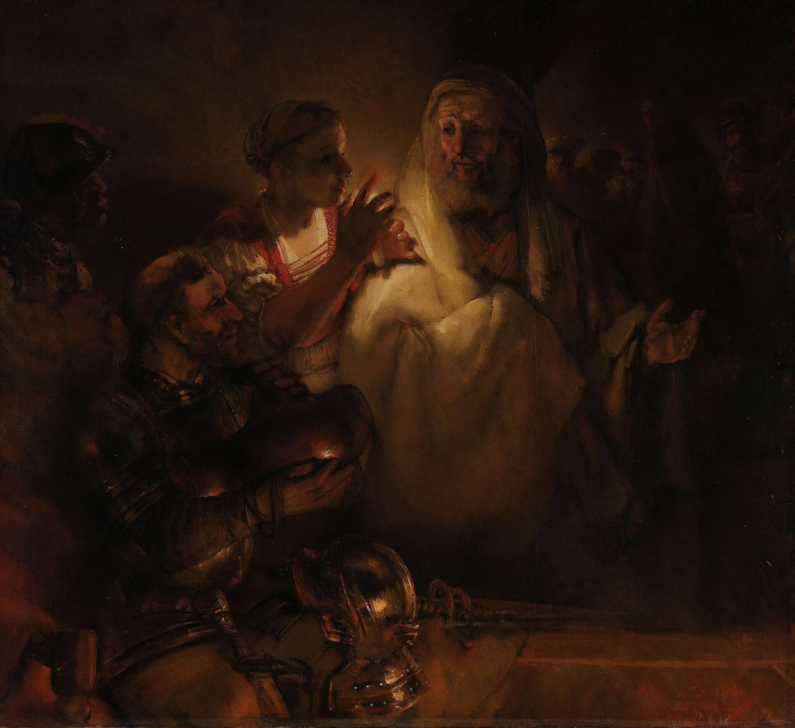 Pintura de Rembrandt em que Pedro, diante de uma criada que o ilumina com uma vela, nega conhecer Jesus, ao fundo à direita