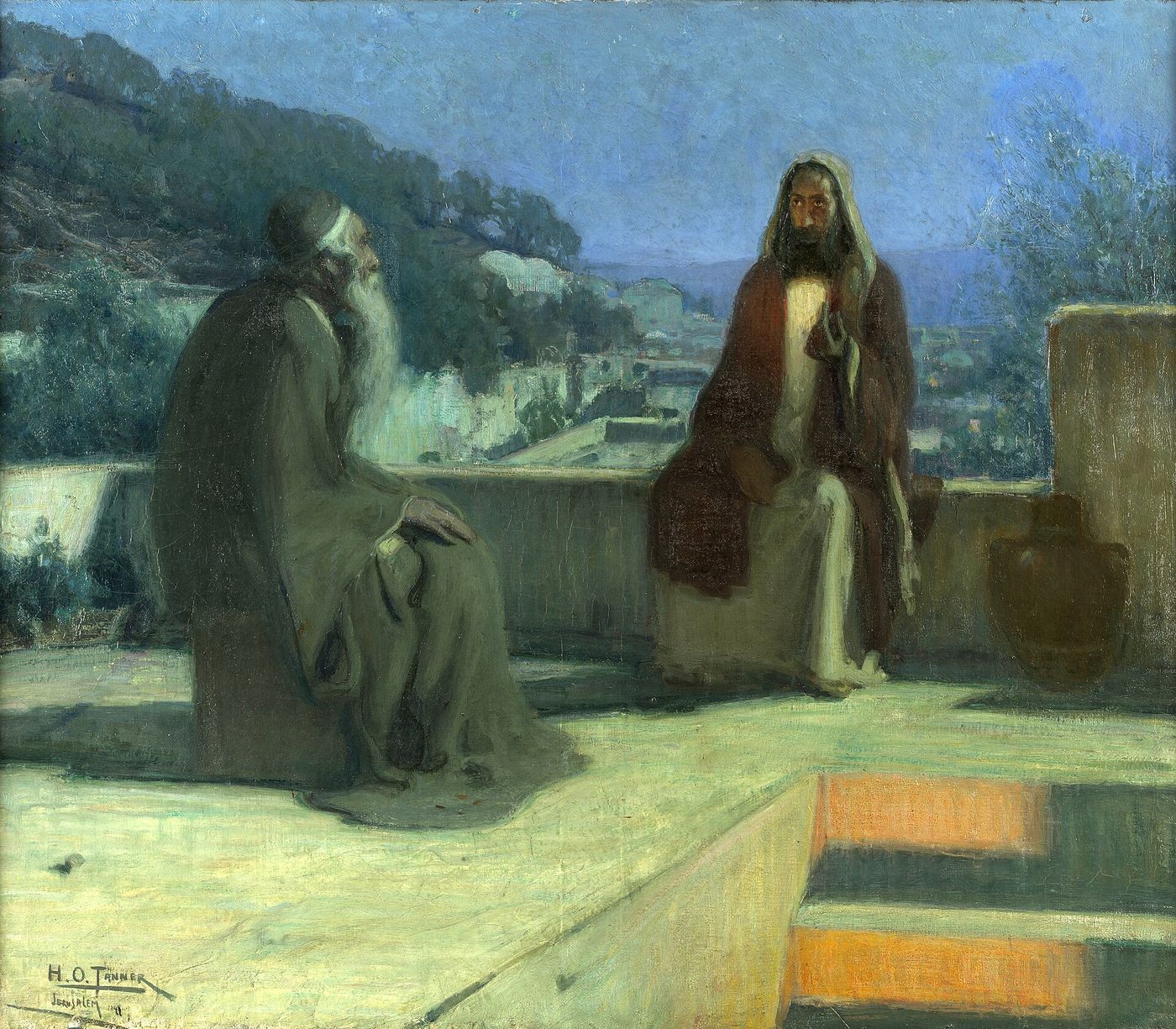 Nicodemos visita Jesus à noite, no terraço de uma casa iluminada por uma lamparina, em pintura de Henry Ossawa Tanner