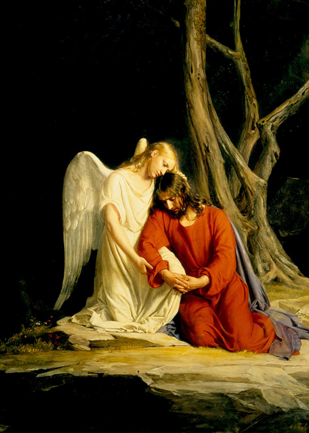 Jesus ajoelhado em oração, de rosto erguido, na penumbra do jardim do Getsêmani, em pintura de Carl Bloch