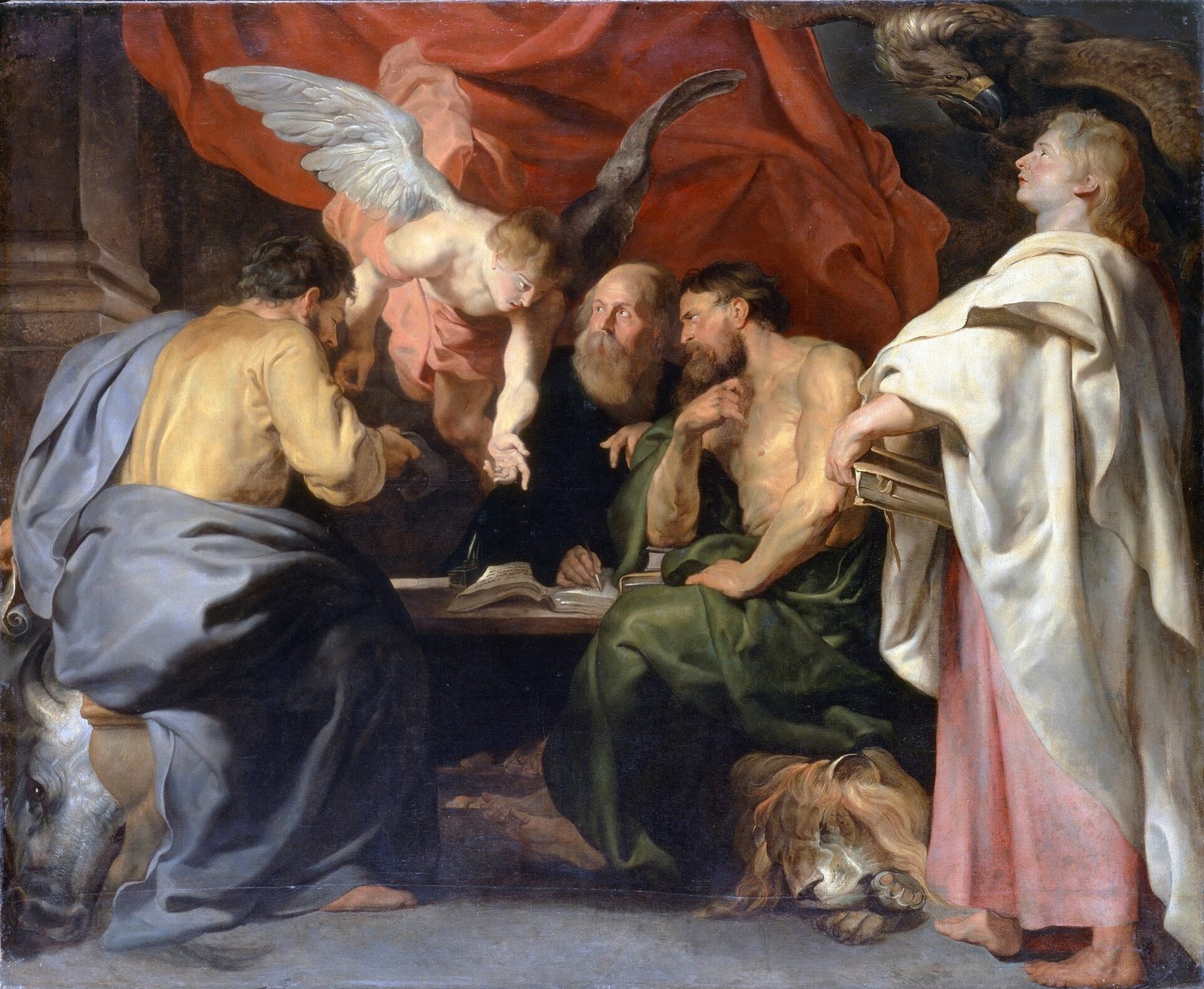 Pintura de Rubens com os quatro evangelistas reunidos, com seus livros e seus símbolos