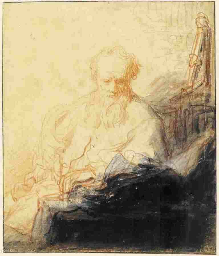 O apóstolo Paulo sentado diante de livros e pergaminhos, em meditação, pintado por Rembrandt