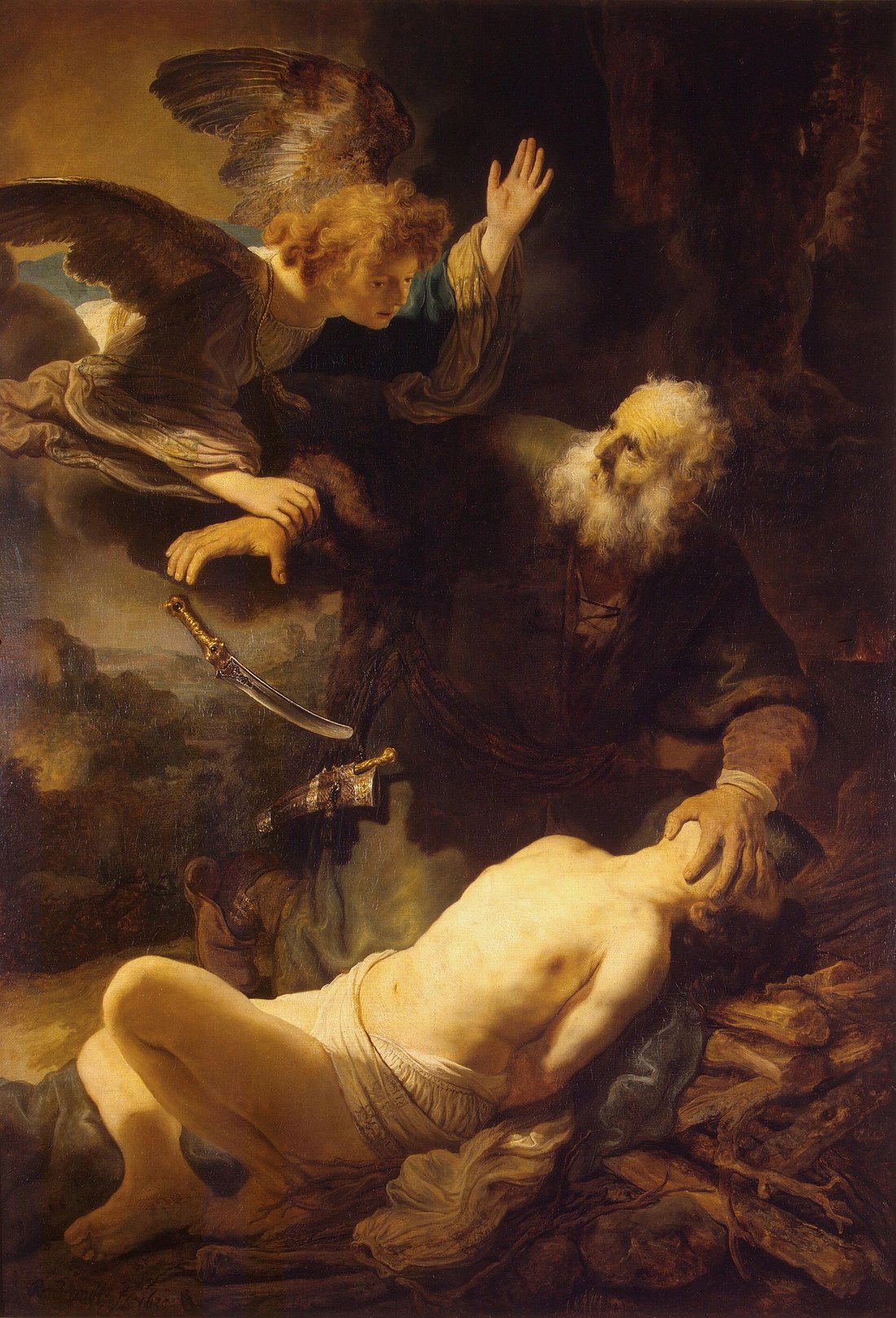 Pintura de Rembrandt em que um anjo segura o braço de Abraão no momento em que ele ergue a faca sobre Isaque, no monte Moriá