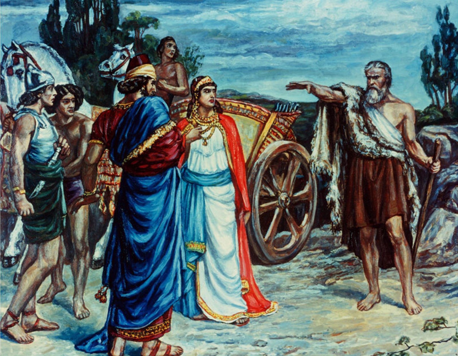 Elias, de manto de pele e braço estendido, confronta Acabe e Jezabel diante de um carro de guerra, na vinha de Nabote