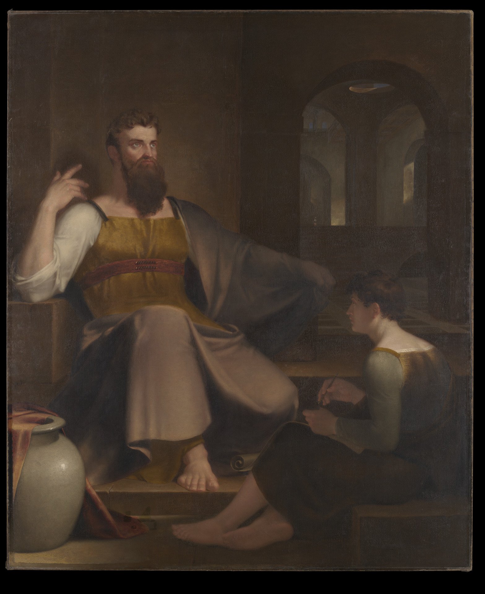 Pintura de Jeremias sentado, ditando a profecia ao escriba Baruque, que escreve ajoelhado diante dele