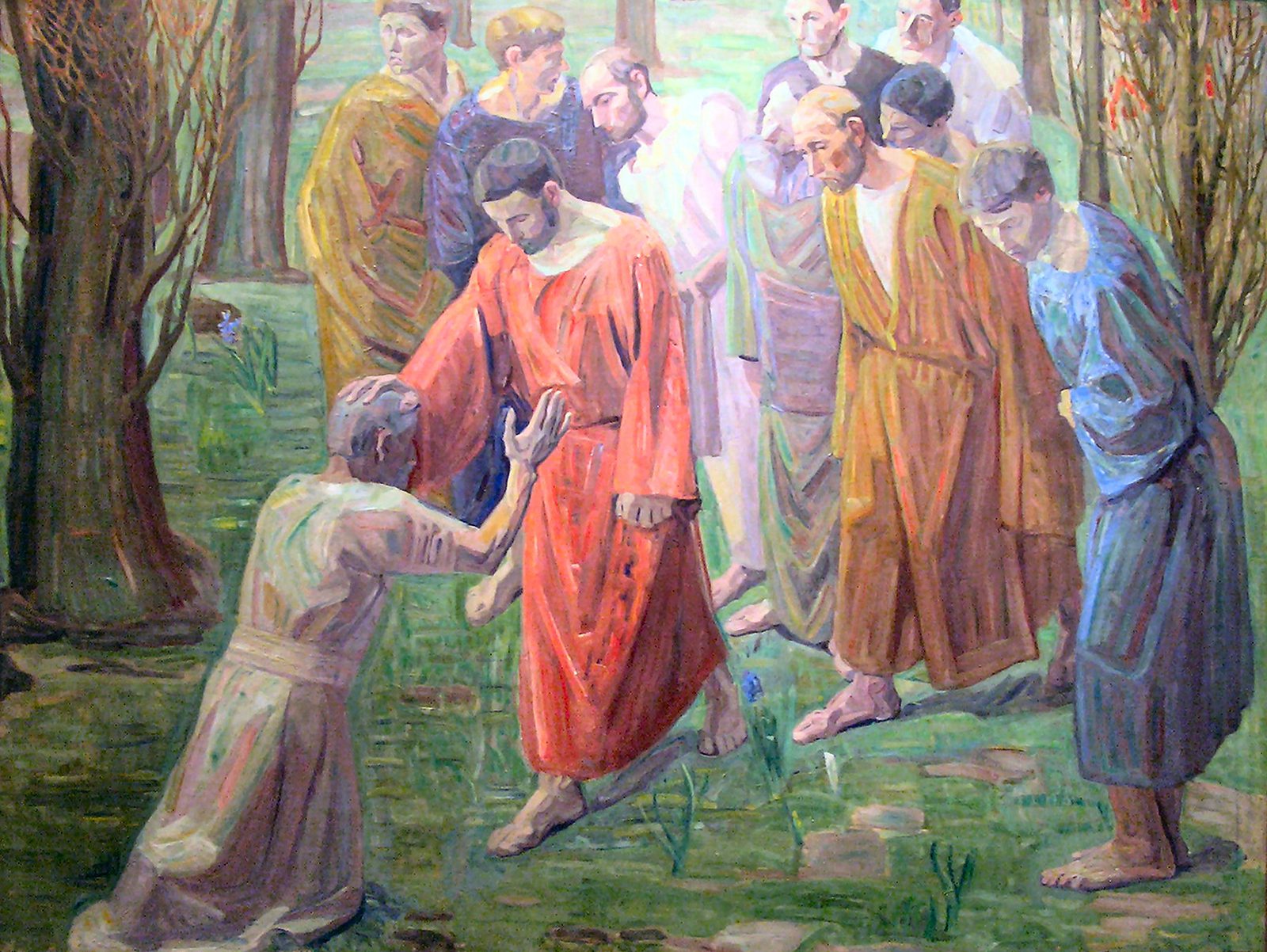 Jesus, de túnica vermelha, põe a mão na cabeça de um leproso ajoelhado que se agarra a ele, enquanto os discípulos observam num bosque