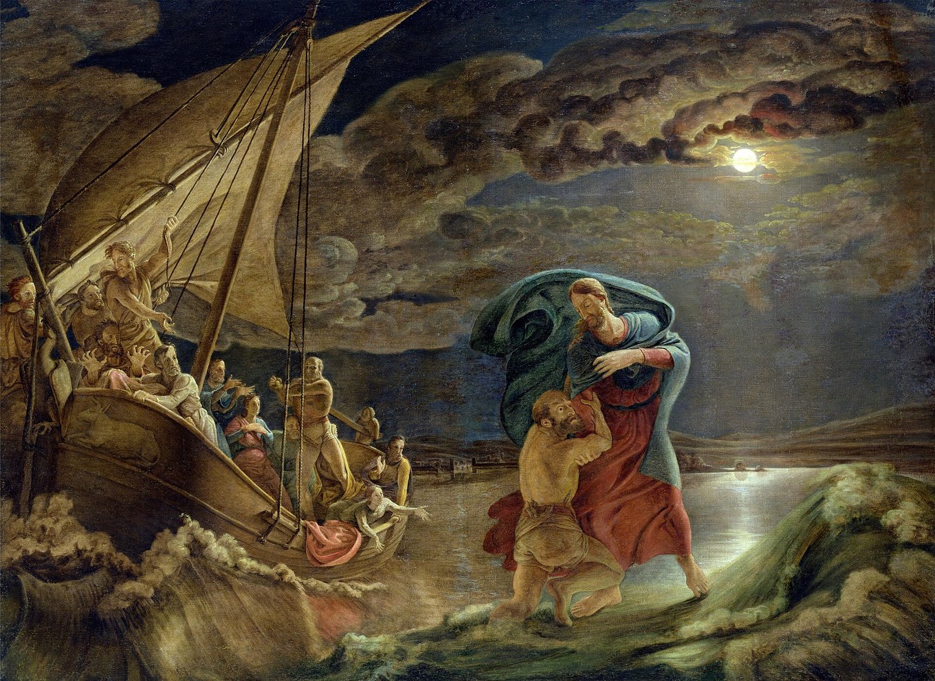 Pedro afunda no mar agitado e se agarra a Jesus, que caminha sobre as águas sob a lua, enquanto os discípulos olham do barco, em pintura de Philipp Otto Runge
