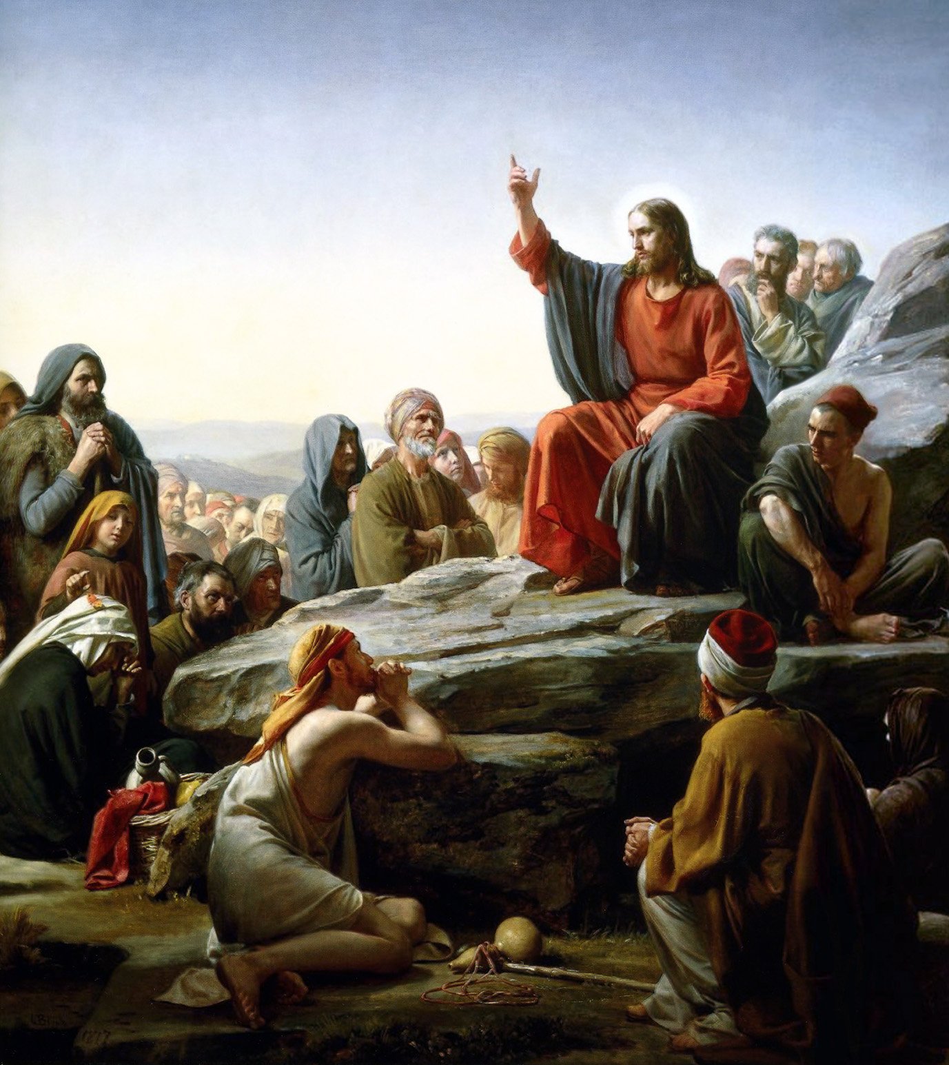 Jesus ensina uma multidão sentada na encosta de um monte, em pintura de Carl Bloch