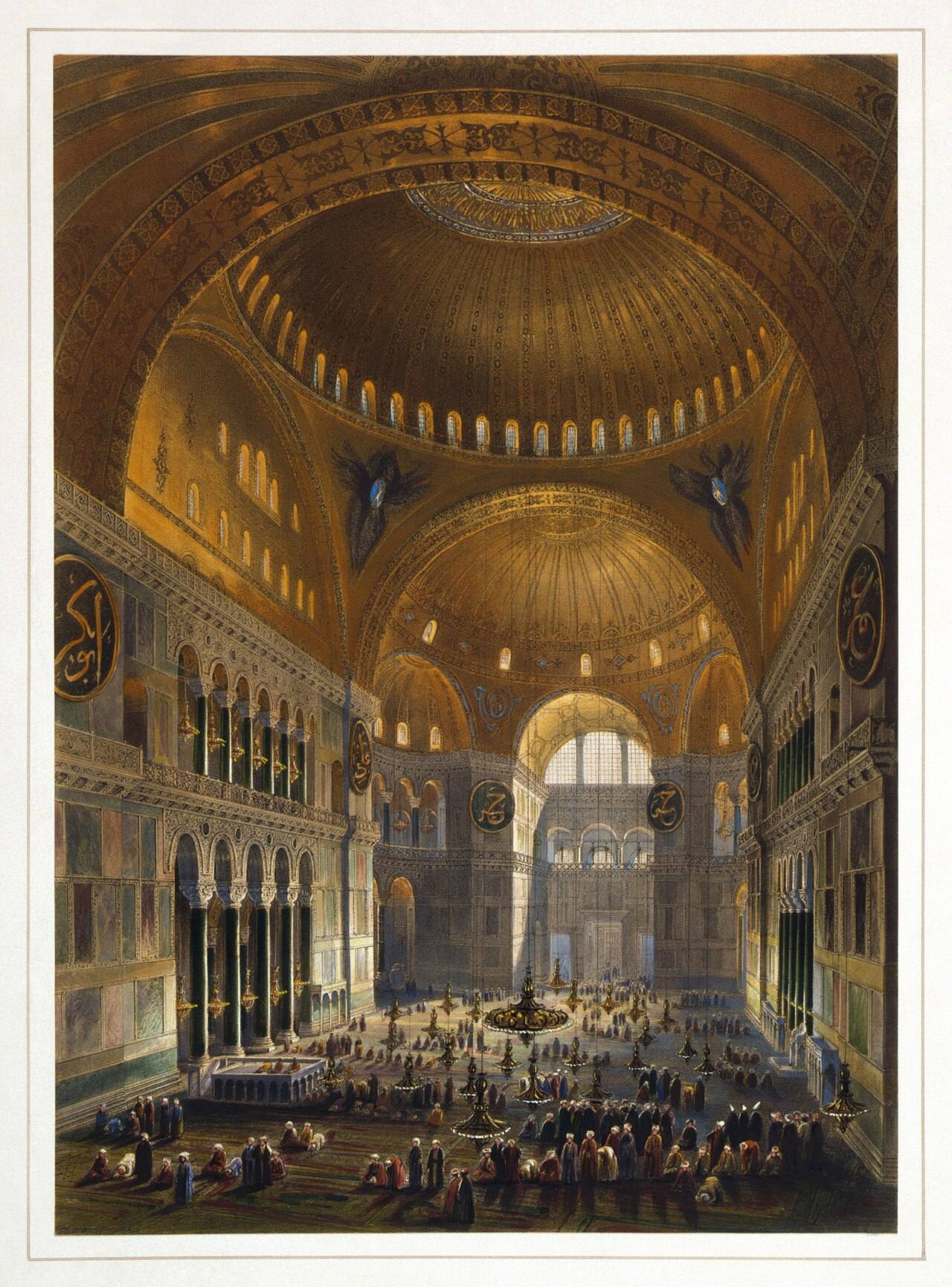 Gravura do interior da grande nave da Hagia Sophia, em Constantinopla, com a cúpula central e as galerias