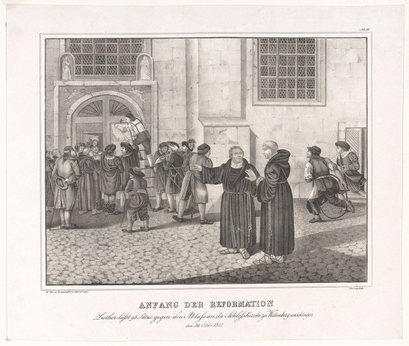 Gravura de Lutero diante da porta da igreja do castelo de Wittenberg, com uma pequena multidão observando a afixação das noventa e cinco teses