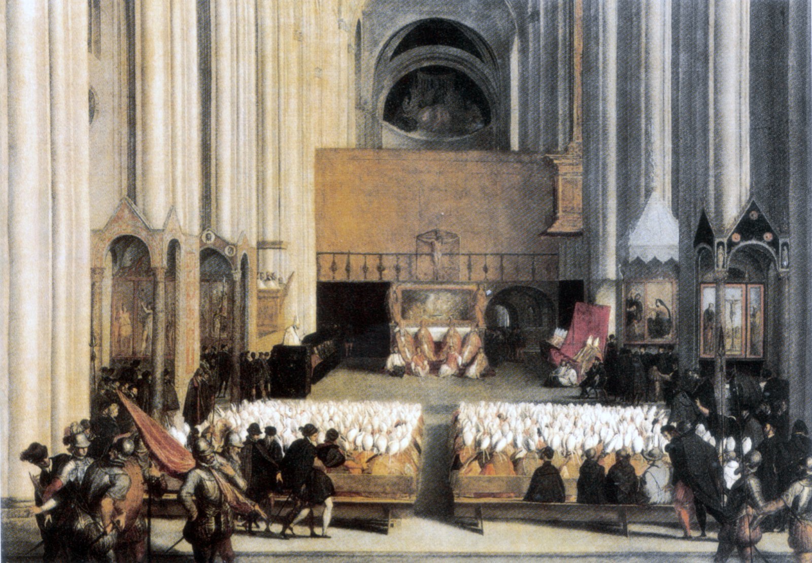 Pintura do Concílio de Trento em sessão na catedral de São Vigílio, com bispos e prelados reunidos na nave central