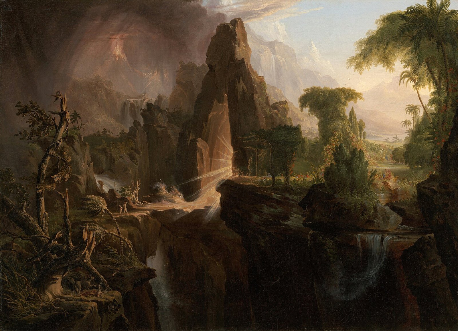 Pintura romântica de Adão e Eva deixando o jardim do Éden por um portal rochoso, com paisagem sombria diante deles e luz dourada atrás