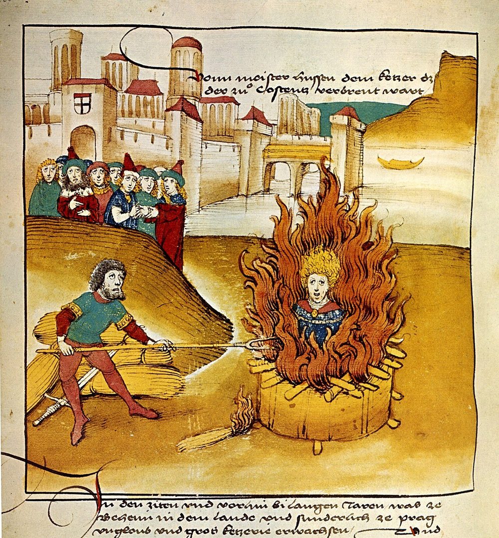 Miniatura de crônica do século XV que mostra Jan Hus conduzido à fogueira em Constança