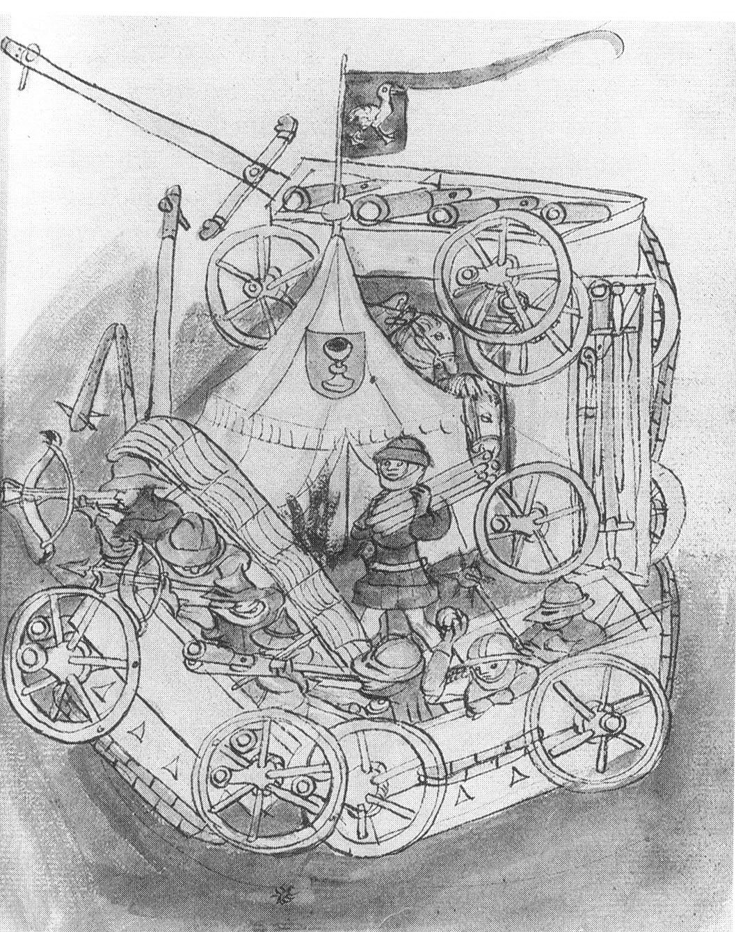 Desenho do século quinze de uma carroça de guerra hussita, com soldados armados de bestas e arcabuzes, uma tenda com o cálice e uma bandeira com o ganso, símbolo de Hus