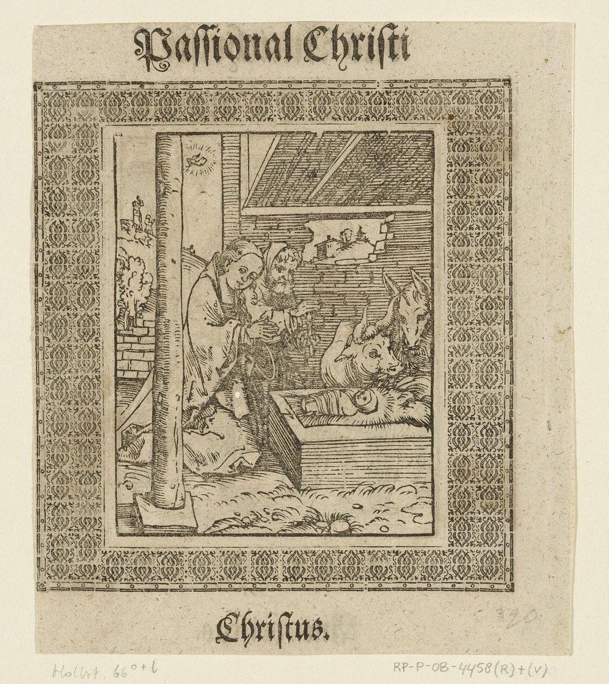 Xilogravura da natividade: Maria e José ajoelhados diante do menino na manjedoura, em um estábulo em ruínas, com o boi e o jumento ao lado e um anjo anunciando aos pastores ao fundo