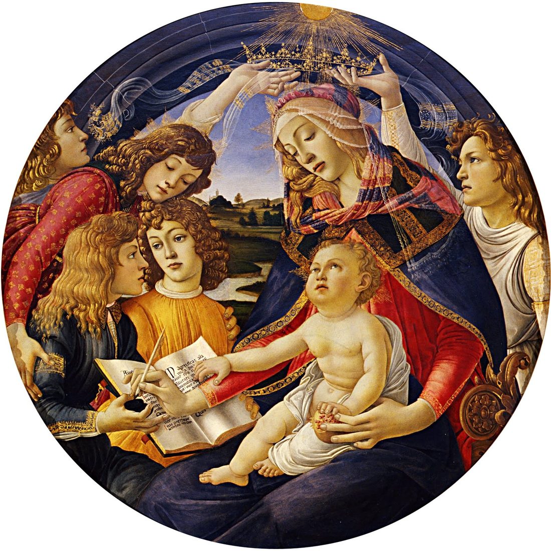 Maria com o Menino Jesus e anjos, em moldura circular, escrevendo o cântico do Magnificat