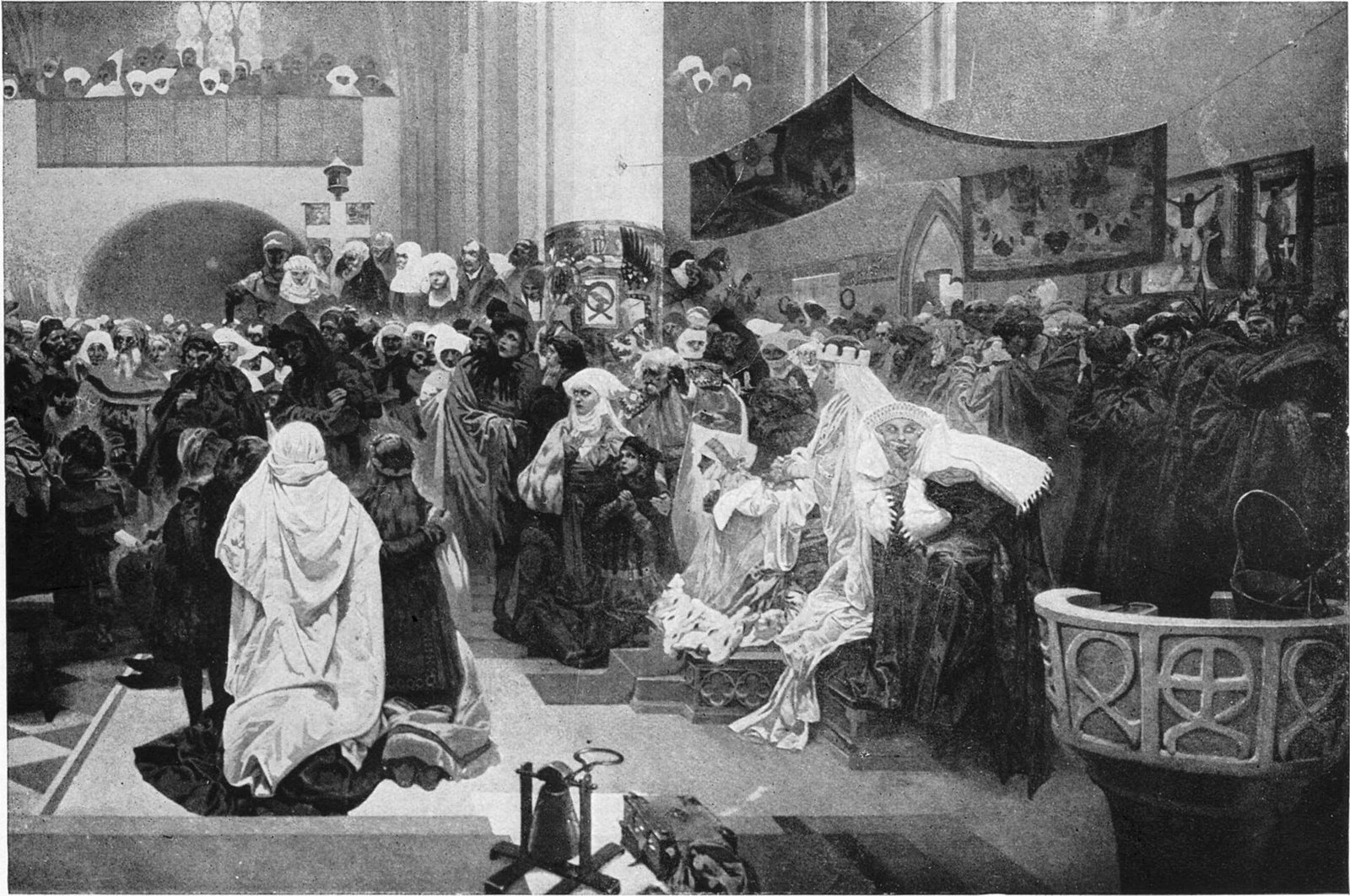 Multidão reunida numa igreja gótica em Praga, ouvindo a pregação de Jan Hus; mulheres ajoelhadas e a rainha sentada em primeiro plano