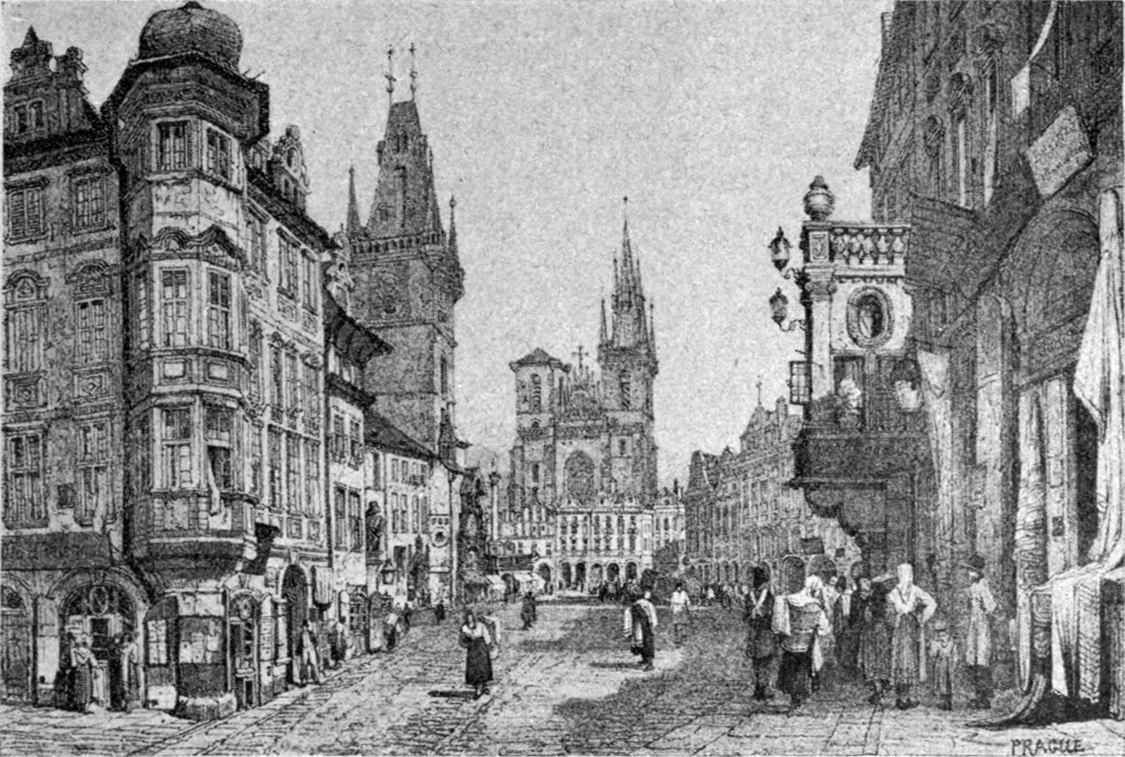 Gravura de 1911 da Praça da Cidade Velha de Praga, com a Prefeitura e as torres da Igreja de Nossa Senhora de Týn, principal templo utraquista da cidade