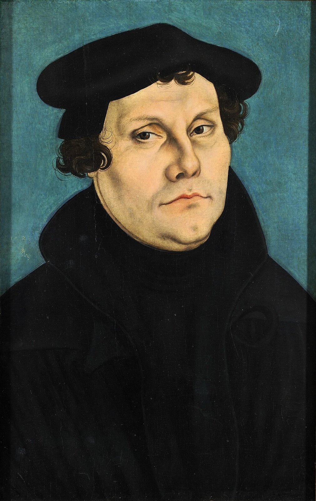Retrato de Martinho Lutero, de meio corpo, pintado por Lucas Cranach, o Velho, em 1528