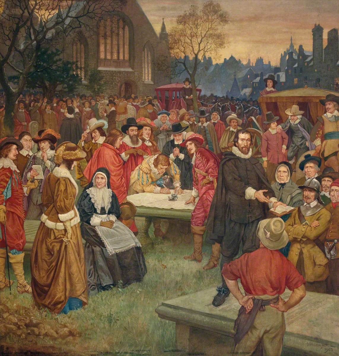 Pintura da assinatura do Pacto Nacional escocês sobre uma lápide no cemitério da Greyfriars, em Edimburgo, com uma multidão em volta