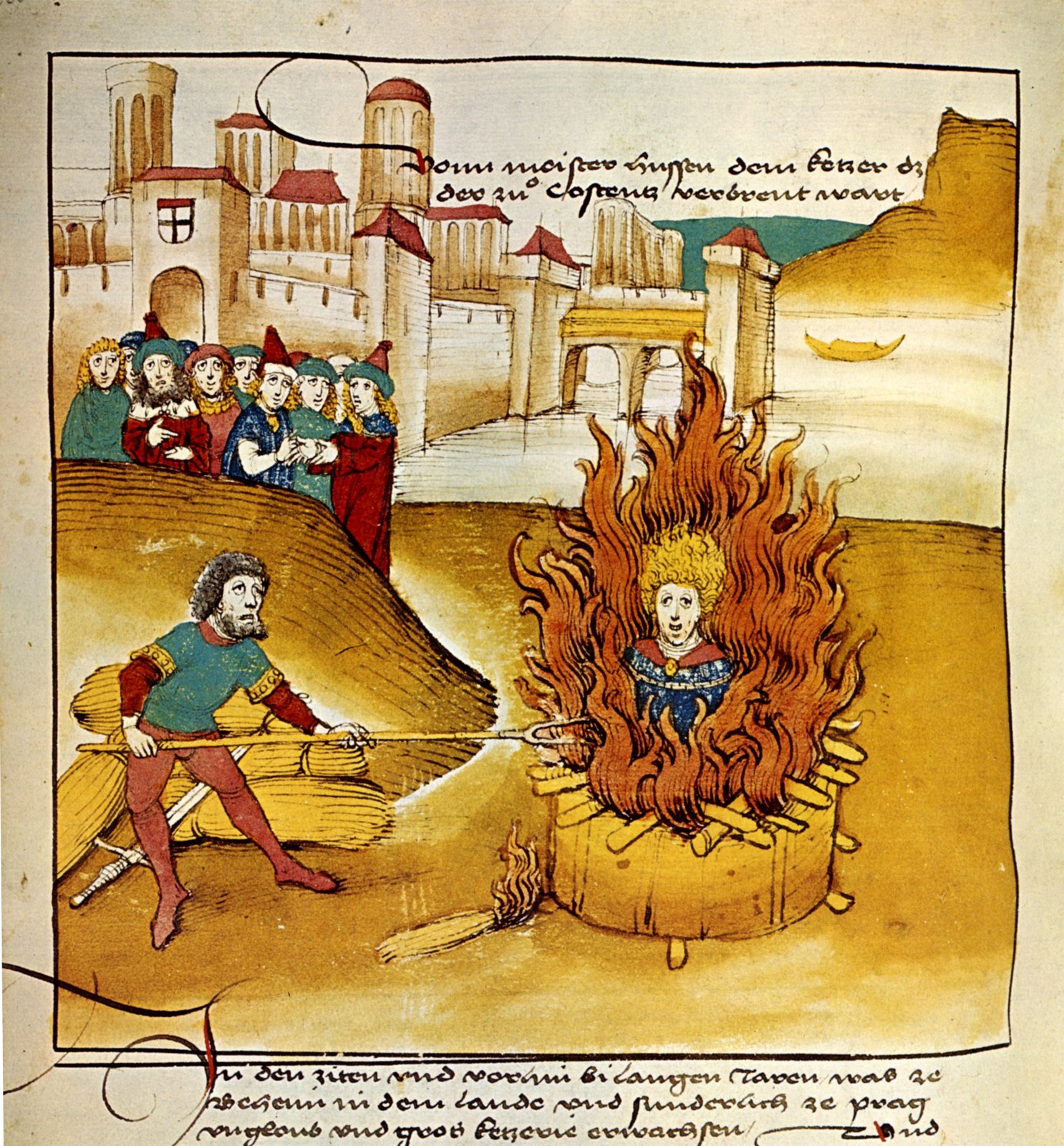 Iluminura medieval colorida que mostra Jan Hus de pé no meio das chamas, com um carrasco atiçando o fogo e um grupo de espectadores diante das muralhas de Constança