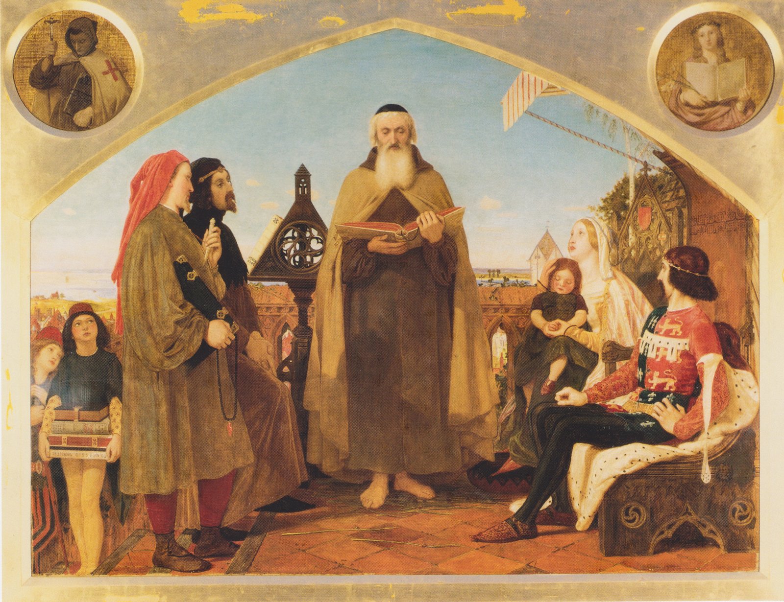 Pintura em que John Wycliffe, sentado, lê sua tradução da Bíblia em inglês a João de Gante e a outros presentes