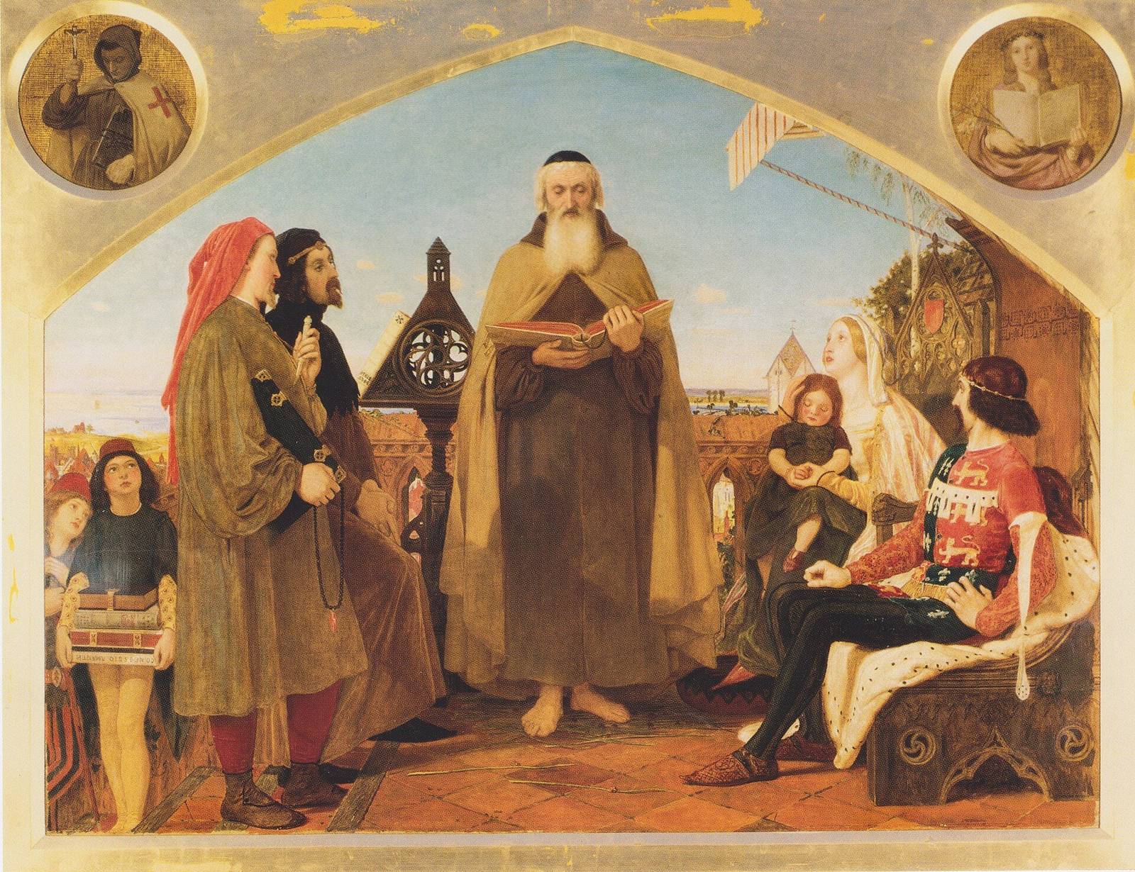 Pintura em que John Wycliffe, sentado, lê sua tradução da Bíblia para o duque João de Gante e outros nobres