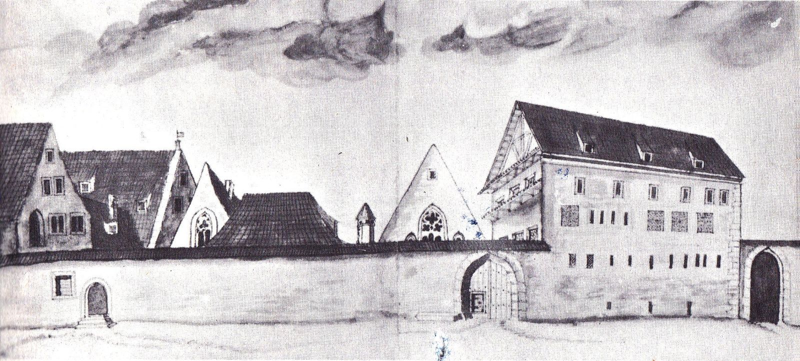 Gravura antiga do exterior do mosteiro agostiniano de Erfurt, onde Lutero viveu como monge