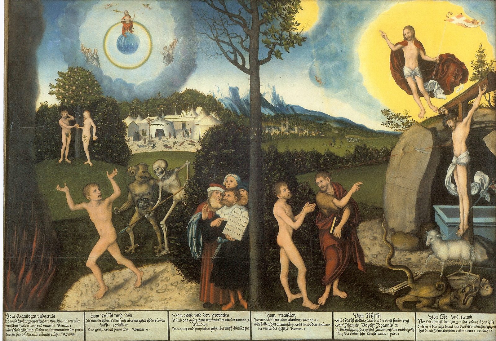 Pintura de Cranach com a Lei e a Graça: de um lado o homem condenado pela Lei, do outro o homem salvo pelo sangue de Cristo crucificado
