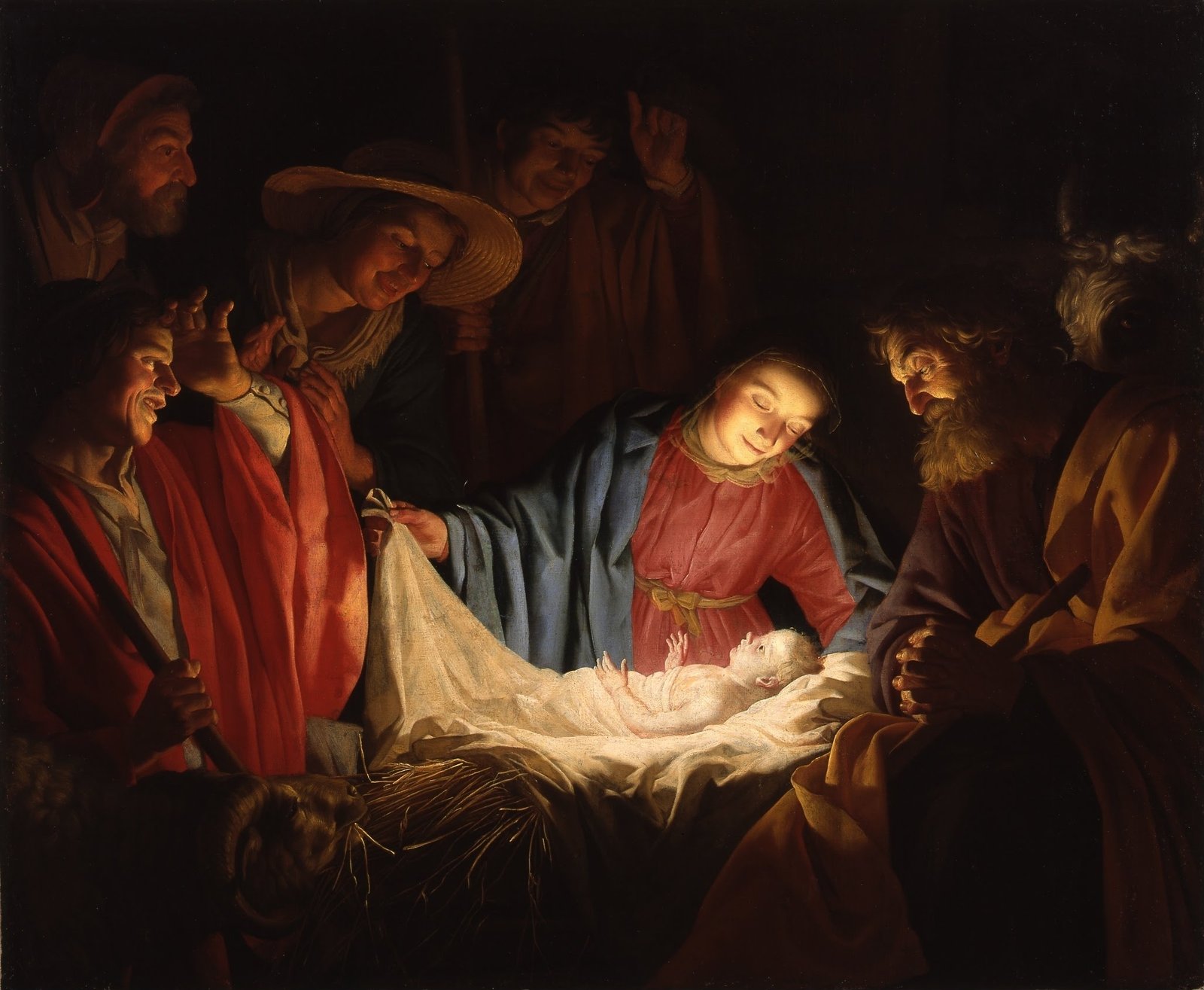 Pintura noturna do nascimento de Jesus: Maria, José e pastores reunidos em torno do bebê deitado na palha, iluminados só pela luz que vem da criança
