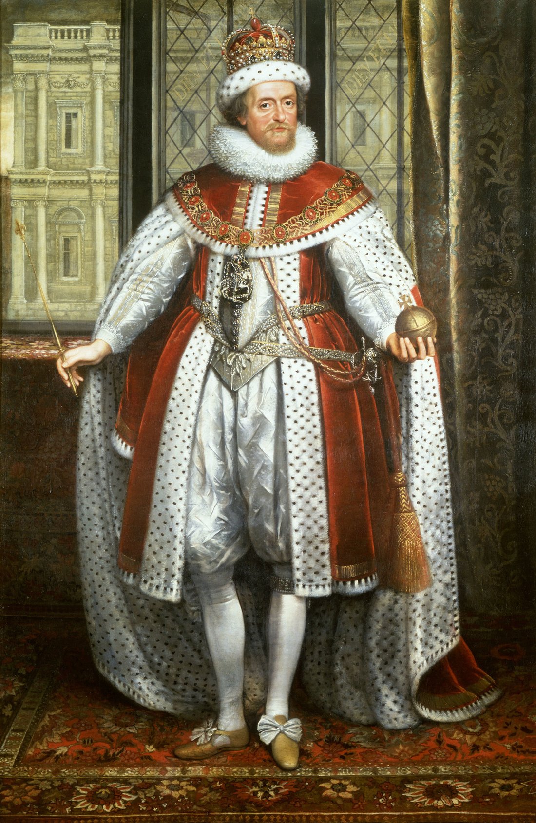 Retrato de corpo inteiro do rei Jaime I da Inglaterra, em trajes de coroação, ao lado de uma mesa com a coroa