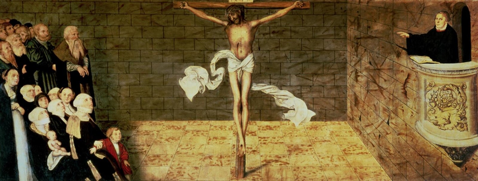 Predela do retábulo da Reforma em Wittenberg: Lutero prega à congregação, apontando para Cristo crucificado