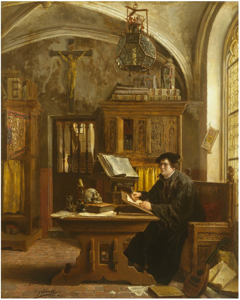 Lutero, de hábito escuro, sentado à mesa no castelo de Wartburg, debruçado sobre o manuscrito da tradução da Bíblia