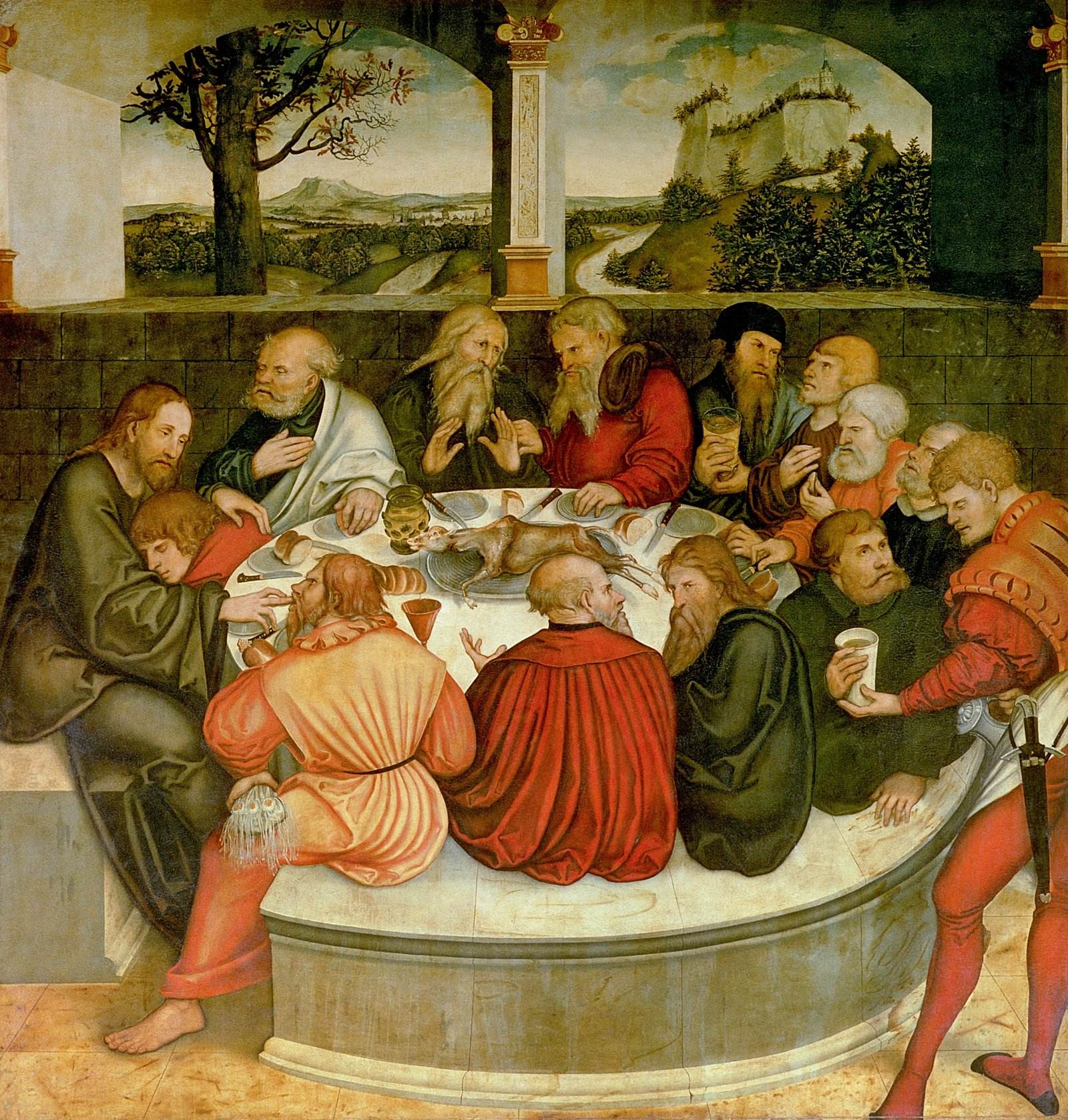 Painel central do Retábulo da Reforma de Cranach: Cristo e os apóstolos à mesa da Ceia, com Lutero entre eles