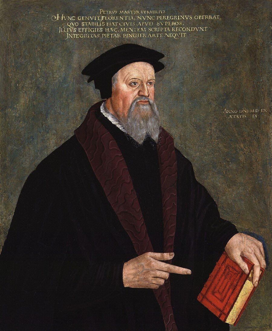 Retrato de Pedro Mártir Vermigli, reformador italiano, de barba e barrete escuro, pintado por Hans Asper