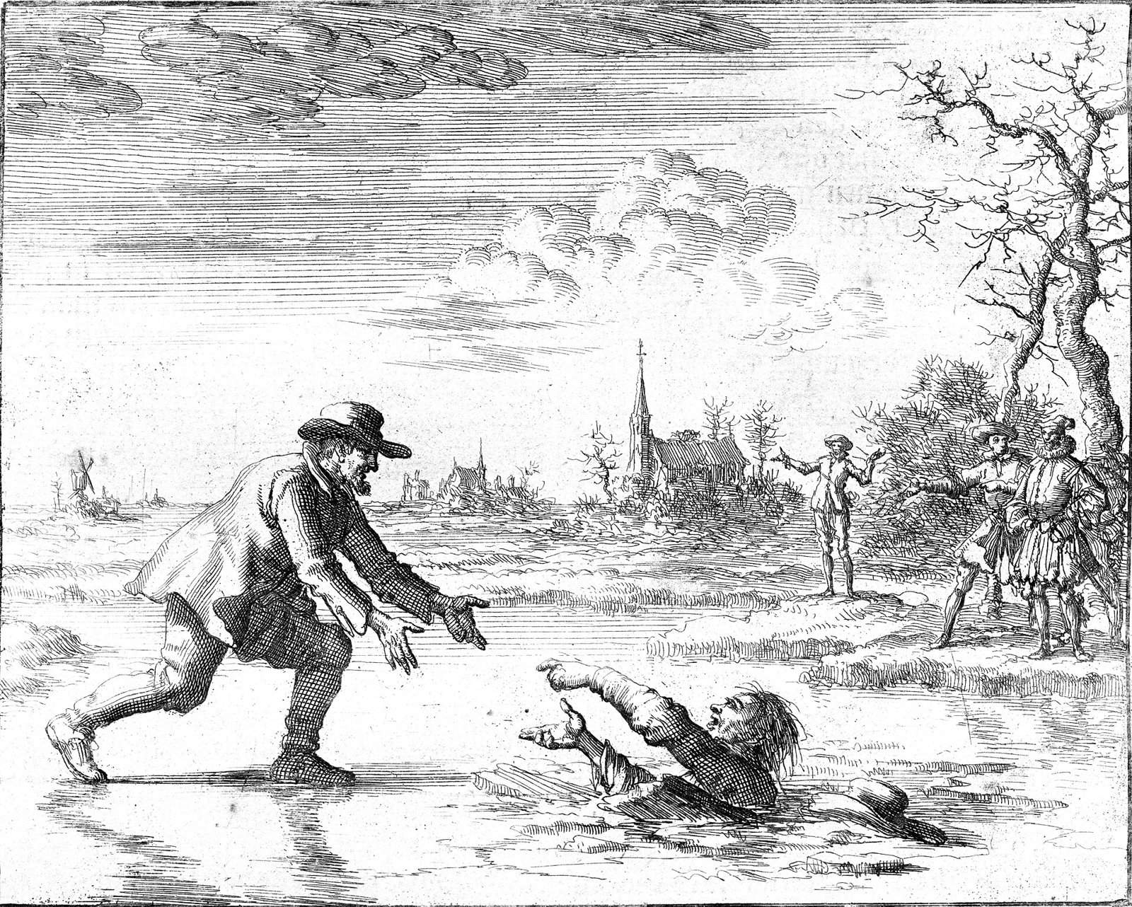 Gravura de Jan Luyken do anabatista Dirk Willems, que volta para salvar de afogamento o guarda que o perseguia, num lago congelado