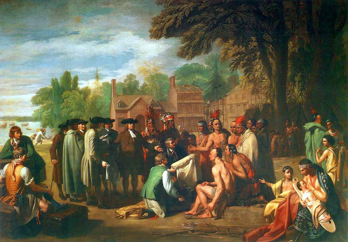 William Penn, de chapéu e traje quacre, firma um acordo sob um grande olmo com os índios lenapes, em pintura de Benjamin West