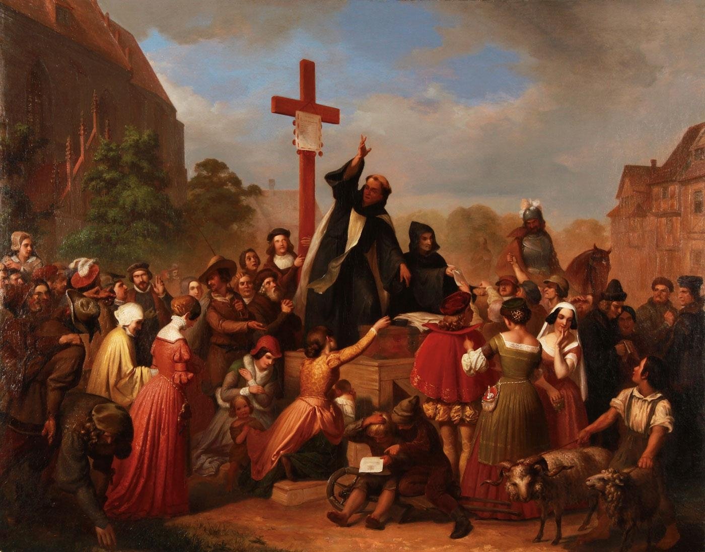 Pintura do século 19 em que o frade Johann Tetzel vende indulgências diante de uma multidão, ao lado do cofre de ferro