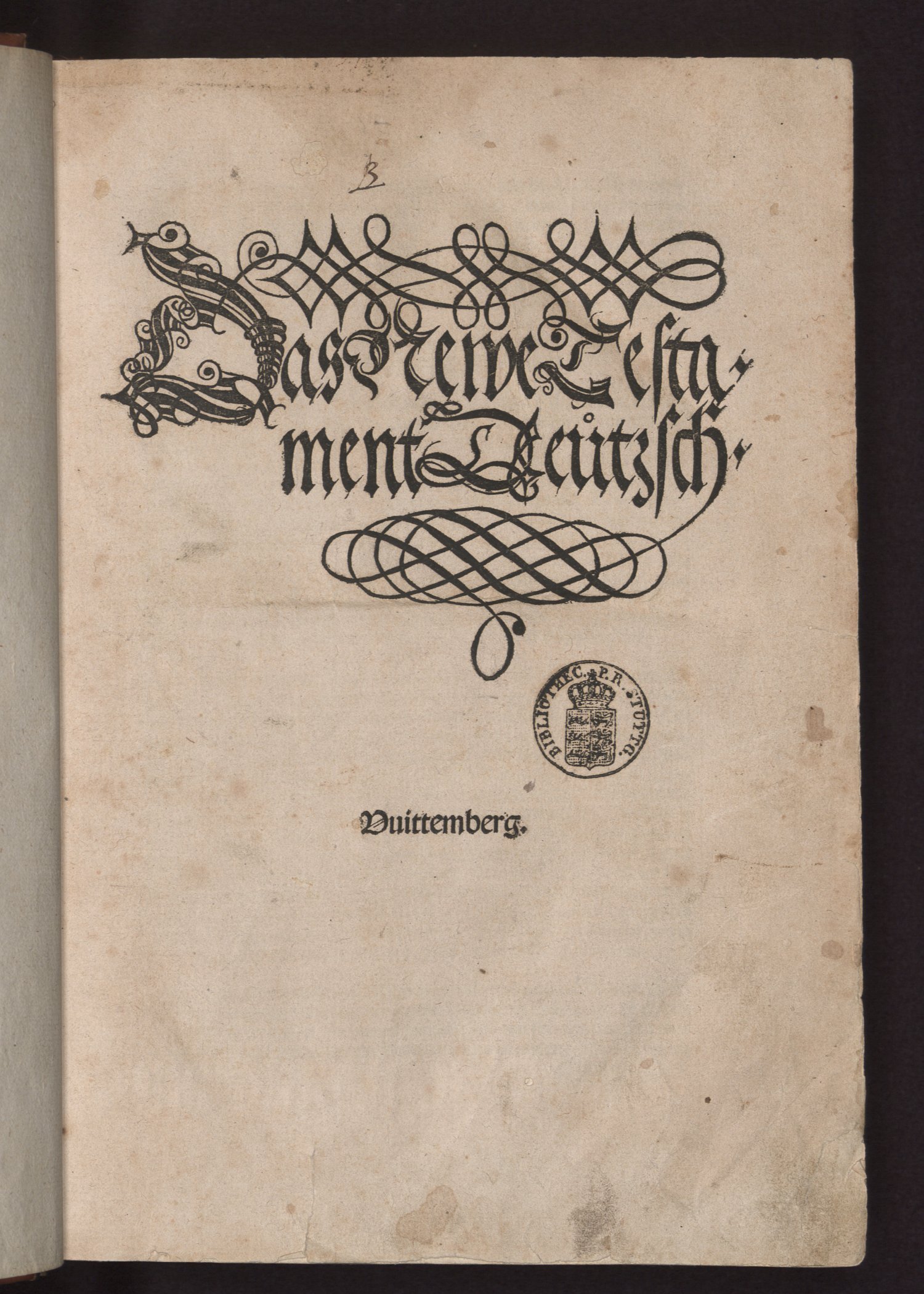 Folha de rosto do Novo Testamento em alemão de Lutero, o Testamento de Setembro, impresso em Wittenberg em 1522, com o título em letras ornamentadas