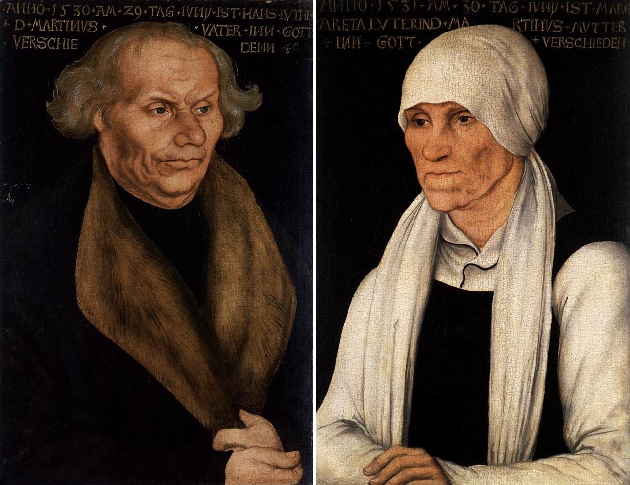 Retratos pintados de Hans Luder, de cabelos grisalhos e gola de pele, e de Margarethe Luder, de touca branca, sobre fundo escuro