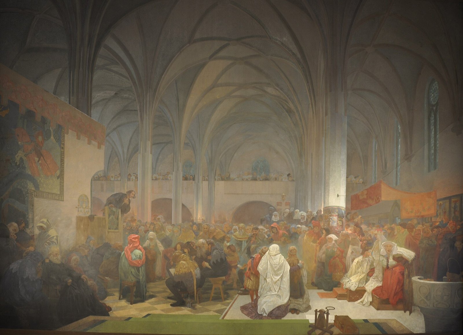 Pintura de Alphonse Mucha: Jan Hus prega do púlpito na Capela de Belém, em Praga, para uma multidão de homens, mulheres e crianças sob as abóbadas góticas