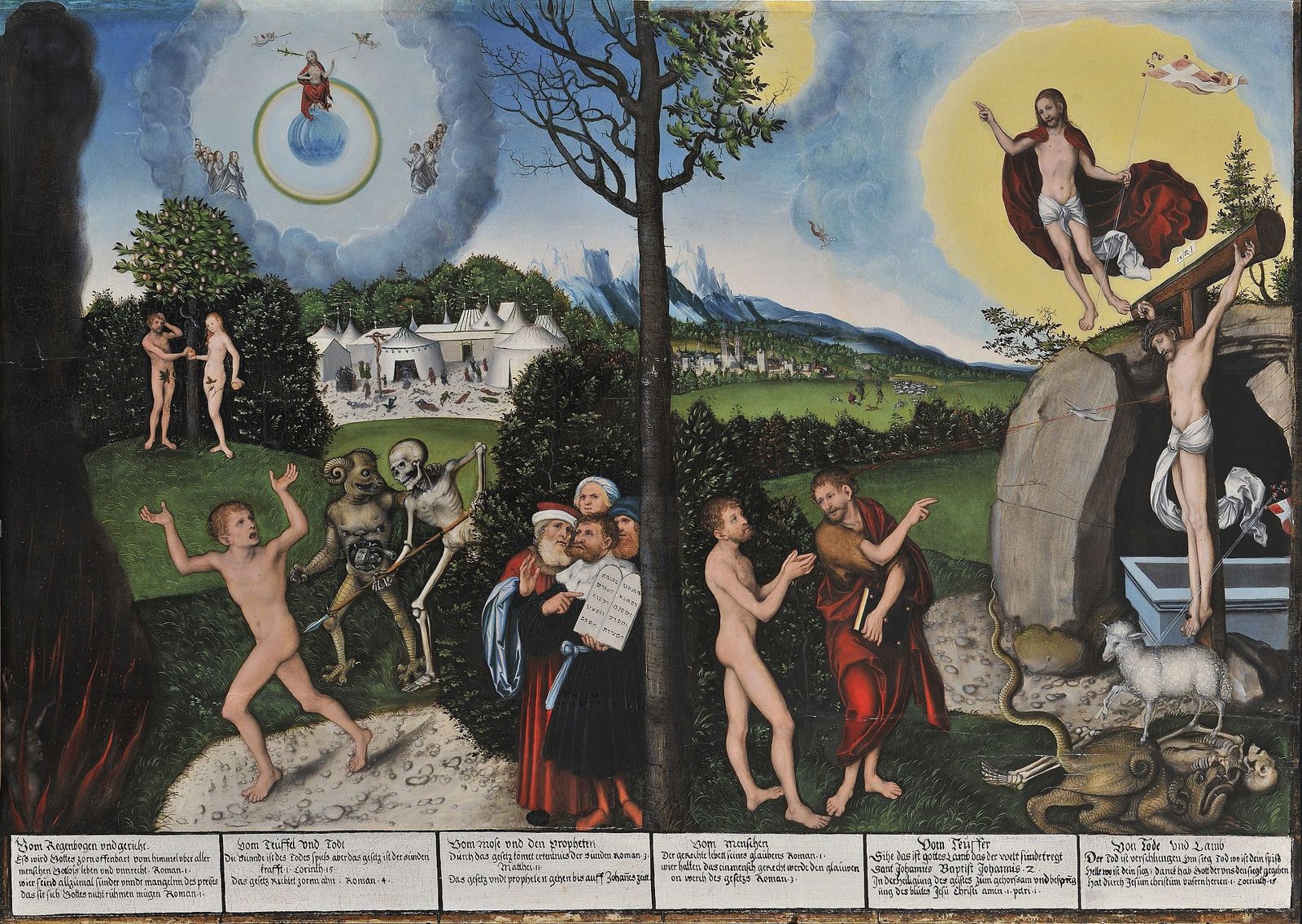 Pintura de Cranach com a lei e a graça lado a lado, do homem aterrorizado ao homem guiado a Cristo