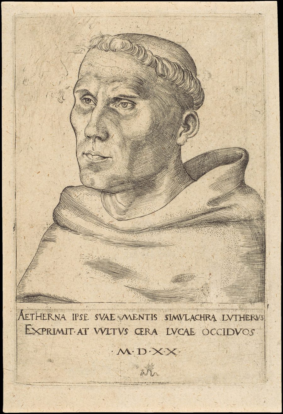 Gravura de Martinho Lutero como monge agostiniano, de perfil, com hábito e tonsura, sob um arco de pedra