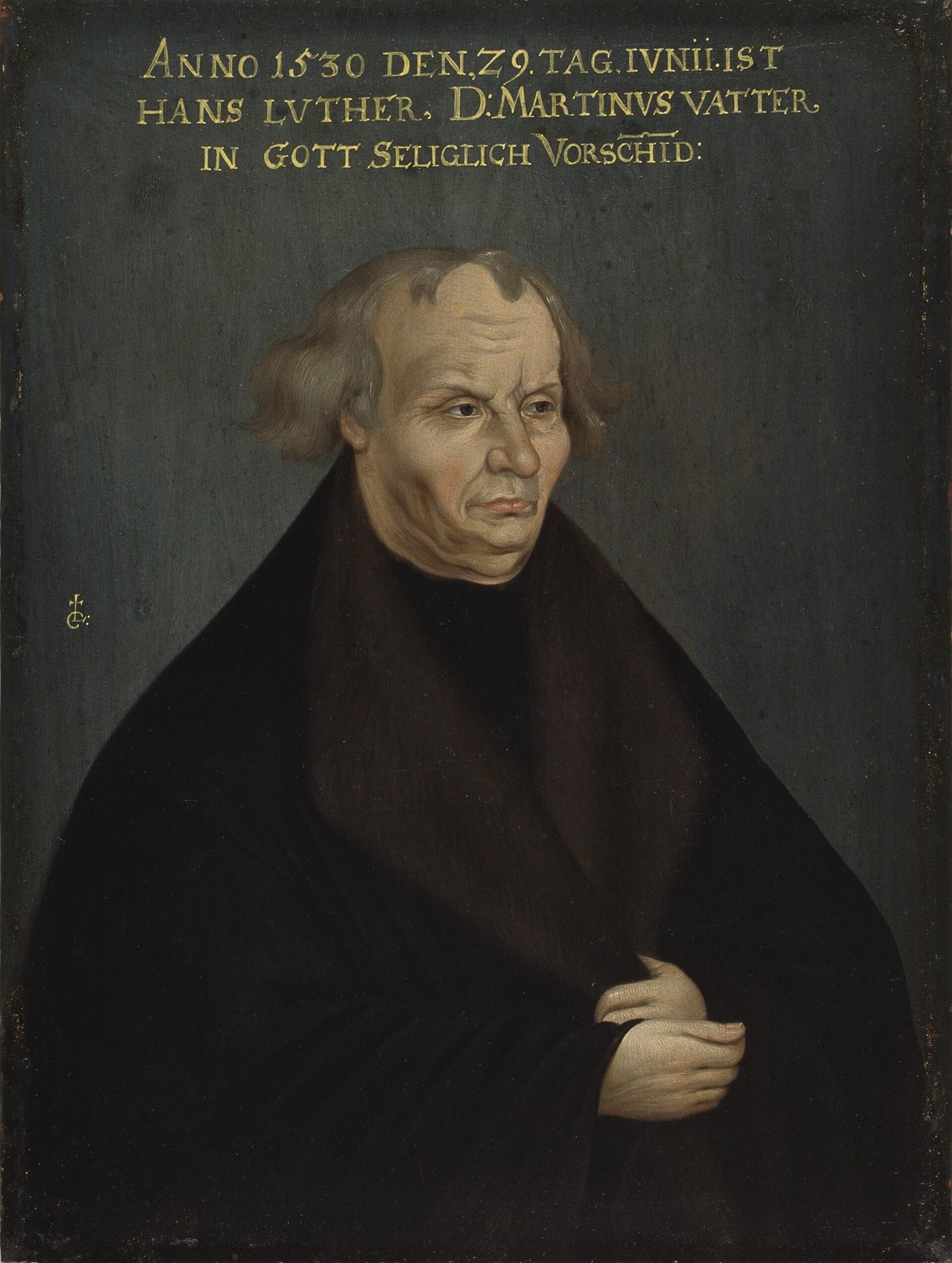 Retrato de Hans Luther, pai de Martinho Lutero, um homem de rosto marcado e olhar firme, com barrete escuro