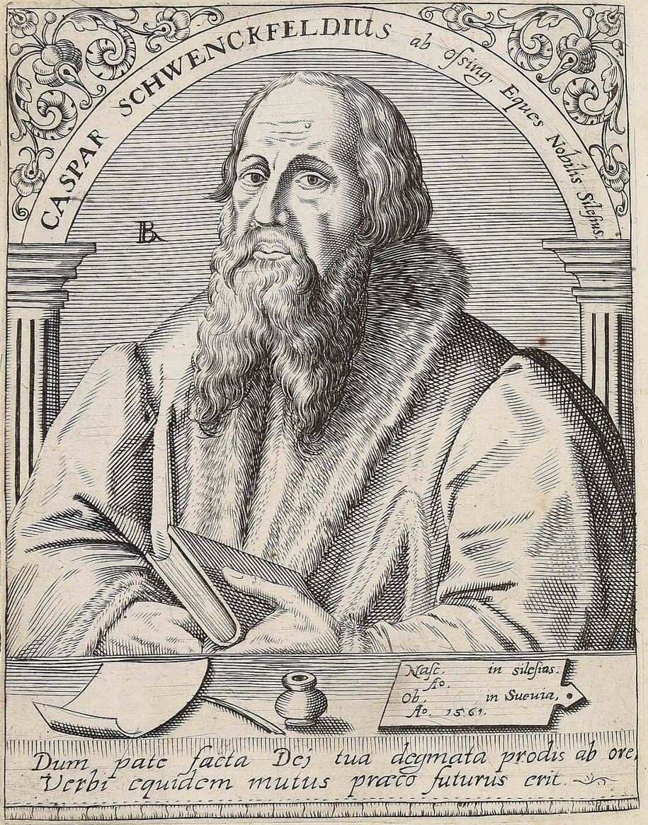 Gravura de Caspar Schwenckfeld, barbado, com um livro nas mãos, ao lado de pena e tinteiro