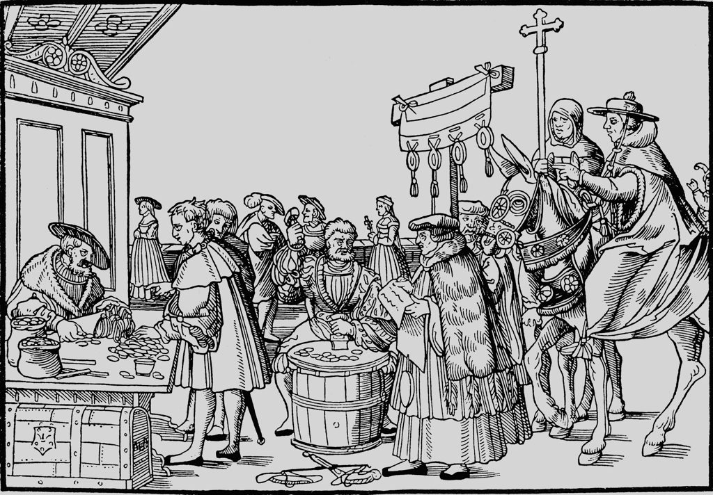 Xilogravura alemã do início do século XVI que retrata a venda de indulgências, com o dinheiro sendo recolhido em um cofre