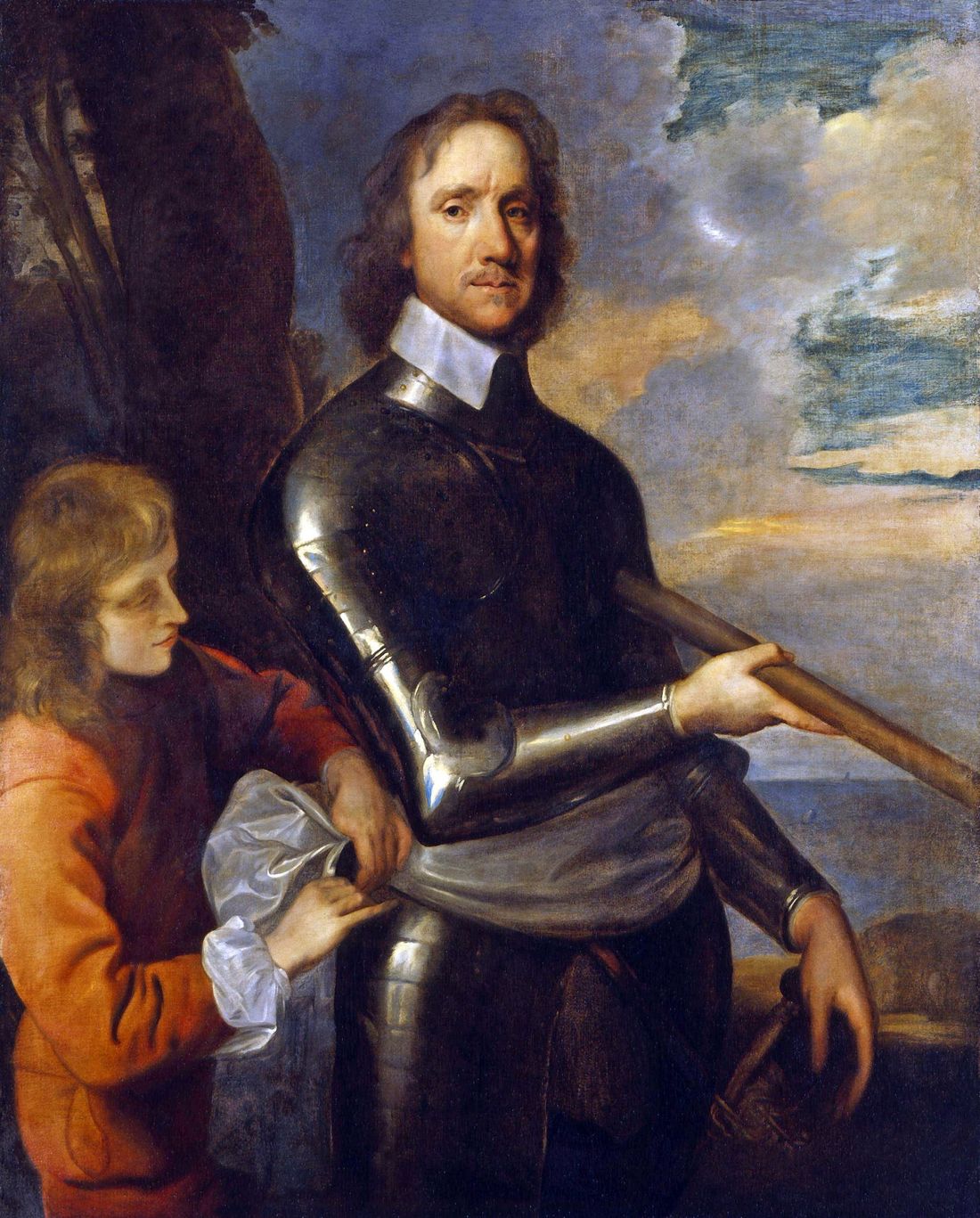 Retrato de Oliver Cromwell em armadura, com o semblante severo, pintado no século 17