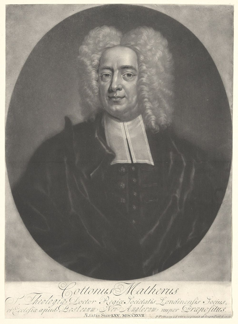 Gravura em mezzotinta de Cotton Mather, pastor puritano de Boston, de peruca e veste clerical