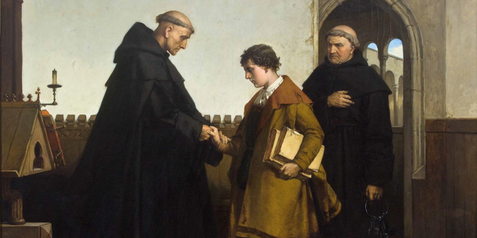 Pintura de Lutero, jovem, sendo recebido por monges à porta do mosteiro agostiniano de Erfurt